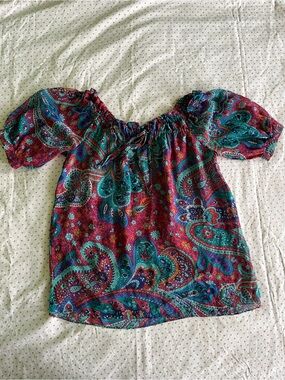 Sheer 100% Silk Paisley Babydoll Blouse with Keyhole Collar & Puff Sleeves, XS